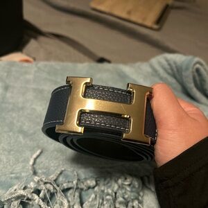 H Blue Leather Belt with Gold Buckle